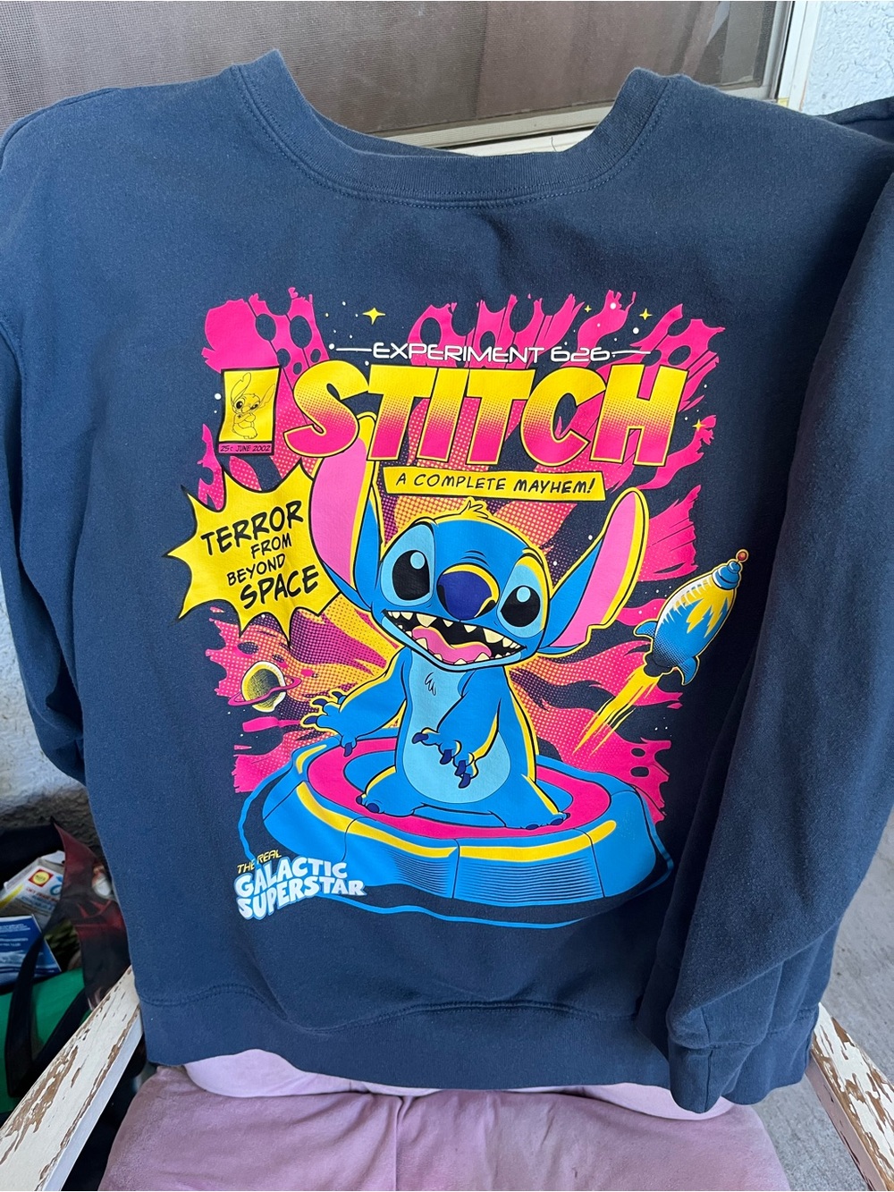 Disney Black Sweatshirt with Neon Blue Pink and Yellow Stitch Graphic